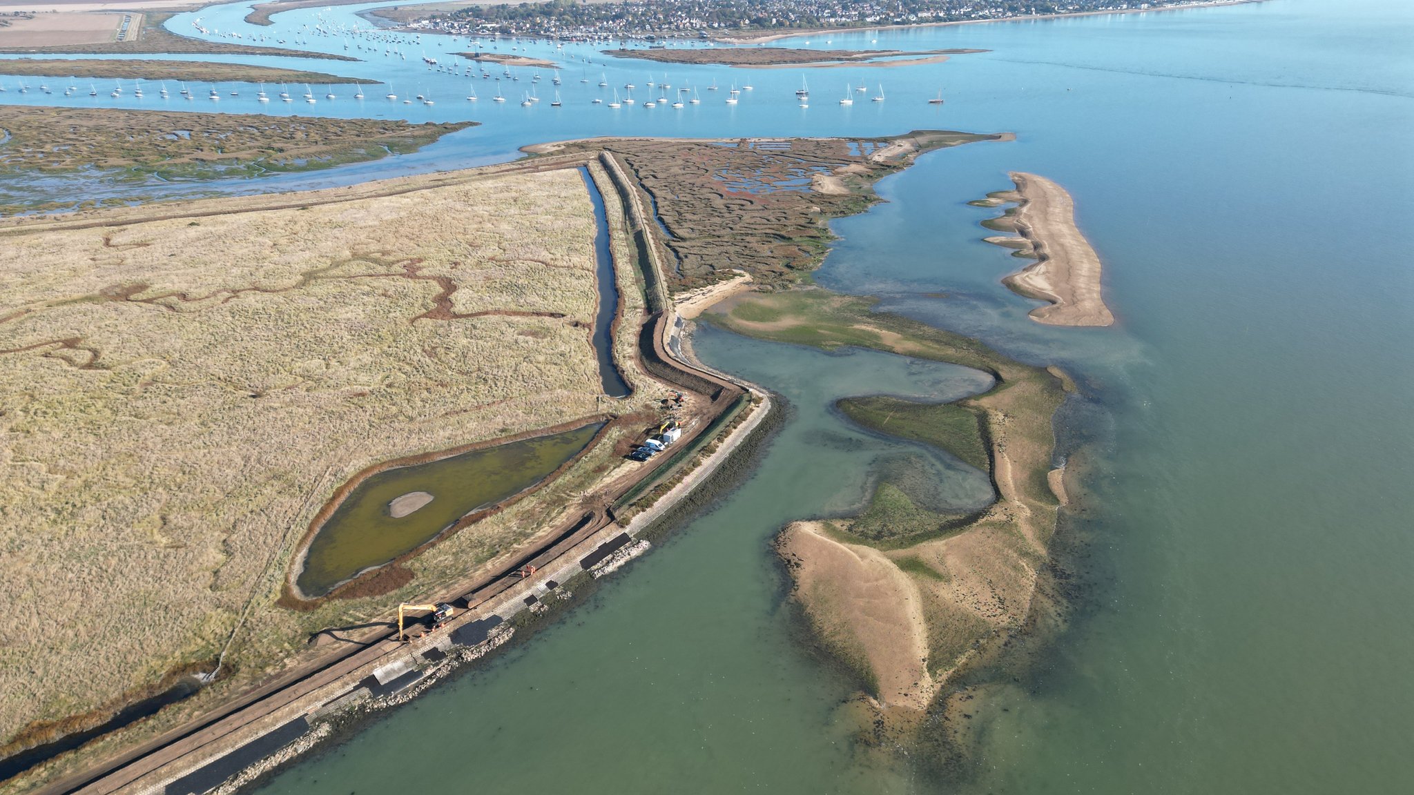 Aerial view of our project near Tollesbury, Essex. Repairs to seawall protecting RSPB site, farms  and houses.  Photo courtesy of Ben at Ocker Engineering